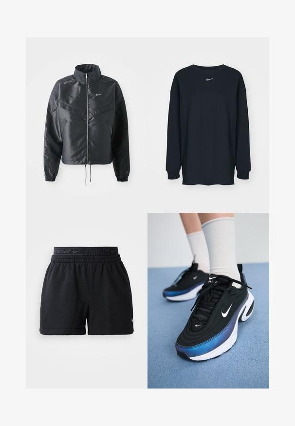 Chaqueta negra corta con cuello alto, cierre de cremallera, puños de elastano y un logo de Nike en blanco. Tejido suave y brillante con una superficie ligeramente texturizada.; Camiseta negra de manga larga hecha de algodón con cuello redondo. Presenta un logo blanco de Nike en el pecho. Textura suave, diseño sencillo.; Bermudas deportivas negras con cinturilla elástica que presentan la marca "Nike". Están hechas de una tela suave, con un corte holgado y bordes rematados.; Zapatillas Nike negras con un upper de tejido suave, que presentan un diseño en degradado de azul a negro, suela blanca y acentos de logotipo prominentes.