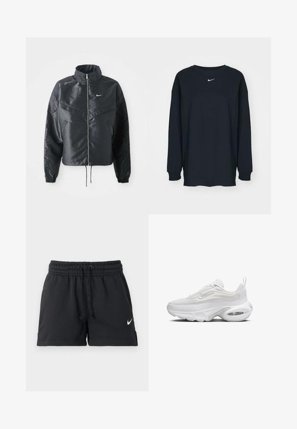 Czarna krótka kurtka z wysokim kołnierzem, zamek błyskawiczny, ściągacze z elastanu i białe logo Nike. Gładki, błyszczący materiał o lekko teksturowanej powierzchni.; Czarna, długosleeve'owa koszulka z bawełny z okrągłym dekoltem. Posiada białe logo Nike na piersi. Miękka faktura, prosty design.; Czarne spodenki sportowe Nike z elastycznym pasem, sznurkiem do ściągania, bocznymi kieszeniami i białym logo Swoosh na lewej nodze.; Białe sneakersy z falistym wzorem górnej części, teksturowana tkanina, amortyzująca podeszwa i widoczna jednostka powietrzna. Posiadają sznurówki z przodu oraz pętelkę do zakupu.