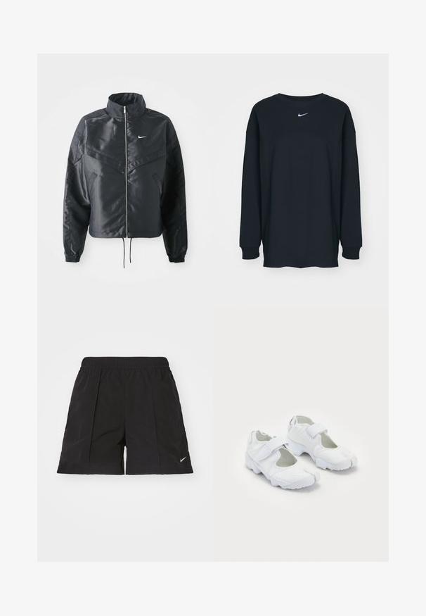 Svart kort jacka med hög krage, dragkedja, ärmslut i elastan och en vit Nike-logotyp. Slät, glänsande tyg med en något strukturerad yta.; Svart långärmad T-shirt i bomull med rundad halsringning. Har en vit Nike-logotyp på bröstet. Mjuk textur, enkelt design.; Svarta shorts gjorda av ett lättviktigt material med elastisk midja, med frontveck och en liten vit Nike-logotyp på nedre vänstra sidan.; Vitaididra skor med texturerad ovandel, justerbart kardborreband, rund tå och en kraftig sula med distinkt mönster.