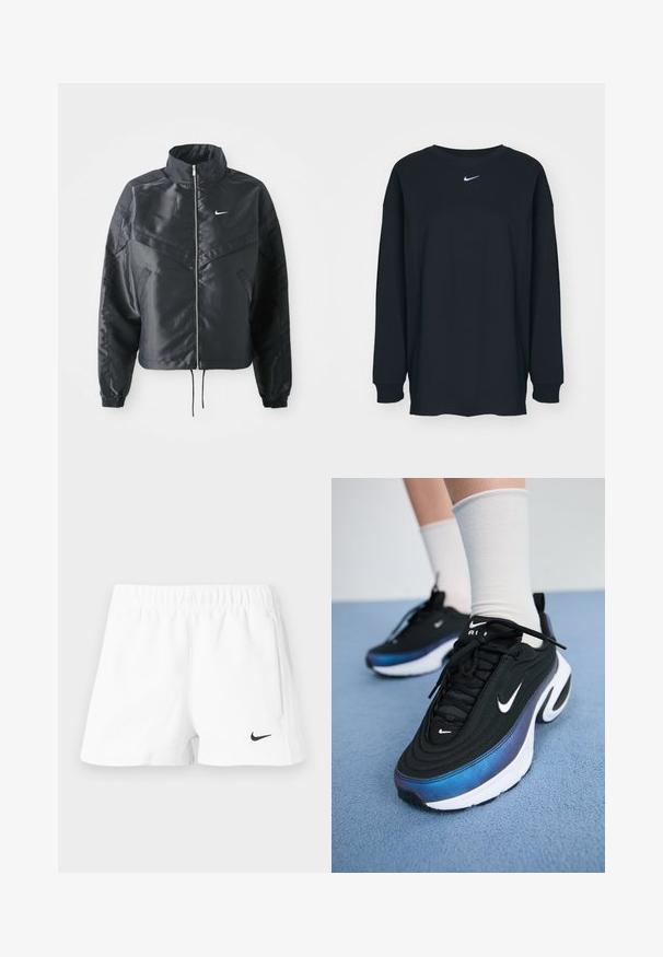 Svart cropped jakke med høy krage, glidelåsåpning, elastiske mansjetter og en hvit Nike-logo. Glatt, shiny stoff med en lett teksturert overflate.; Svart langermet T-skjorte laget av bomull med rund hals. Har en hvit Nike-logo på brystet. Myk tekstur, enkelt design.; Hvite sportsshortser med elastisk midje og sidelommer, med en liten svart Nike-logo på forsiden. Glatt stofftekstur.; Sorte Nike joggesko med en glatt stoffoverdel, med et gradientdesign fra blått til svart, hvit såle og fremtredende logoaksenter.