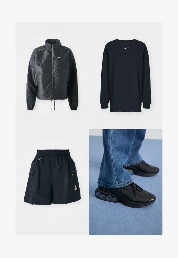 Černá zkrácená bunda s vysokým límcem, zipovým zapínáním, elastickými manžetami a bílým logem Nike. Hladká, lesklá látka s mírně strukturovaným povrchem.; Černé tričko s dlouhým rukávem vyrobené z bavlny s kulatým výstřihem. Na hrudi se nachází bílé logo Nike. Měkká textura, jednoduchý design.; Černé šortky vyrobené z lehké látky, s elastickým pasem, bočními kapsami na zip a trojúhelníkovým logem na lemu.; Černé sportovní tenisky s síťovaným svrškem, texturovanými akcenty a viditelnými vzduchovými polštářky v podešvi. Nosené s modrými denimovými džíny.