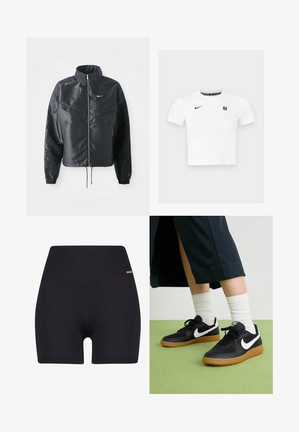 Crna kratka jakna s visokim ovratnikom, zatvaranjem na patentni zatvarač, elastinim rukavima i bijelim Nike logom. Glatka, sjajna tkanina s lagano teksturiranom površinom.; Bijela majica kratkih rukava s okruglim izrezom, crnim Nike logotipom na lijevoj strani prsnog koša i grafičkom oznakom unutar ovratnika.; Crne rebraste kratke hlače s visokim strukom i glatkom teksturom. Dizajn uključuje suptilan brendirani detalj na pojasu.; Crne kožne i sintetičke tenisice s bijelim Nike swooshom, gumeni potplat, okrugli vrh i crne vezice. Vidljive rebraste bijele čarape.