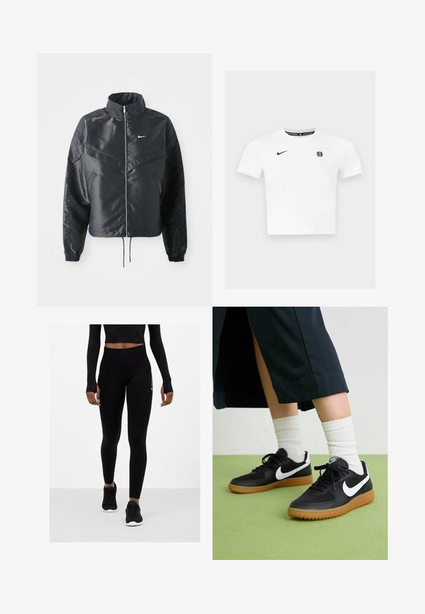 Crna kratka jakna s visokim ovratnikom, zatvaranjem na patentni zatvarač, elastinim rukavima i bijelim Nike logom. Glatka, sjajna tkanina s lagano teksturiranom površinom.; Bijela majica kratkih rukava s okruglim izrezom, crnim Nike logotipom na lijevoj strani prsnog koša i grafičkom oznakom unutar ovratnika.; Crne tajice s visokim strukom, teksturirana tkanina i uski kroj, uparene s crnim sportskim tenisicama. Gornji dio djelomično prekriven crop topom.; Crne kožne i sintetičke tenisice s bijelim Nike swooshom, gumeni potplat, okrugli vrh i crne vezice. Vidljive rebraste bijele čarape.