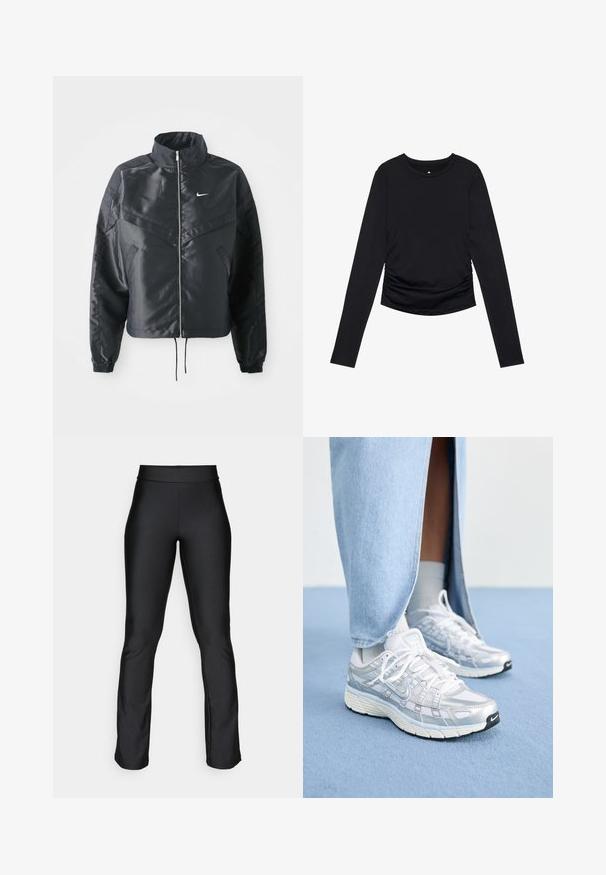 Black cropped jacket with high collar, zip closure, elastane cuffs, and a white Nike logo. Smooth, shiny fabric with a slightly textured surface.; Black long-sleeve top with a round neckline and gathered detailing at the sides, displayed against a plain white background.; Black stretch leggings with a smooth texture and fitted design. Features a wide waistband and slight flare at the ankles. No visible patterns.; Silver and white Nike sneakers with mesh and synthetic overlays, textured patterns, and white laces, paired with light grey socks and a denim skirt.