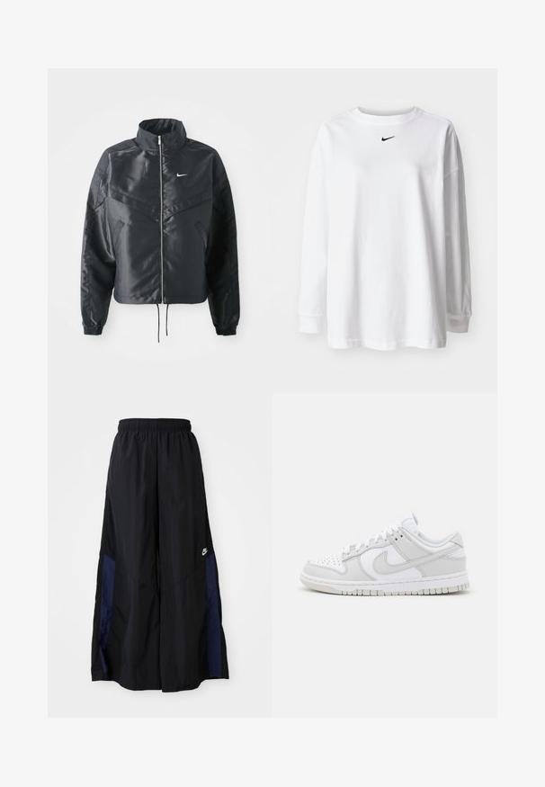 Svart cropped jakke med høy krage, glidelåsåpning, elastiske mansjetter og en hvit Nike-logo. Glatt, shiny stoff med en lett teksturert overflate.; Hvit langermet t-skjorte laget av bomull, med rund halslinning og en liten svart Nike-logo på brystet. Enkel design, avslappet passform.; Svarte vide bukser laget av lett stoff, med et marineblått sidestykke og elastisk midjebånd. Liten hvit logo nederst.; Hvite lær sneakers med grå detaljer, perforert tå, flate lisser, polstret krage og en teksturert gummisåle.