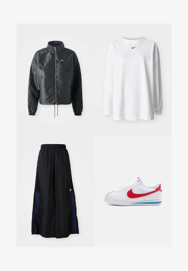 Μαύρο cropped μπουφάν με ψηλό γιακά, κλείσιμο με φερμουάρ, μανσέτες από ελαστάνη και λευκό λογότυπο Nike. Λείο, γυαλιστερό ύφασμα με ελαφρώς υφή.; Λευκό μπλουζάκι μακρυμάνικο από βαμβάκι, με στρογγυλή λαιμόκοψη και ένα μικρό μαύρο λογότυπο Nike στο στήθος. Απλός σχεδιασμός, άνετη εφαρμογή.; Μαύρο παντελόνι με φαρδιά πόδια, κατασκευασμένο από ελαφρύ ύφασμα, με μπλε ναυτική πλευρική λωρίδα και ελαστική μέση. Μικρό λευκό λογότυπο στο κάτω μέρος.; Λευκά αθλητικά παπούτσια με κόκκινο σήμα, μπλε λεπτομέρεια στη σόλα και λευκές κορδόνες. Υφασμάτινο πάνω μέρος με ραμμένες λεπτομέρειες. Κλασικός σχεδιασμός.