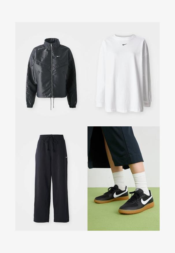 Juoda trumpa striukė su aukštu coloru, užtrauktuku, elastaniniu rankogaliu ir balta Nike logotipu. Lygus, blizgus audinys su šiek tiek tekstūruotu paviršiumi.; Baltas ilgas rankovės marškinėliai, pagaminti iš medvilnės, su apvalia kaklo linija ir maža juoda Nike logo ant krūtinės. Paprastas dizainas, laisvas įsiliejimas.; Juodos sportinės kelnės su elastinga juosmena ir kaklaraiščiu, su mažuoju baltu Nike logotipu kairėje pusėje.; Juodos odinės ir sintetinių medžiagų sportbačiai su balta Nike swoosh, guminis padas, apvalus pirštas ir juodi raišteliai. Matomos banguotos baltos kojinės.