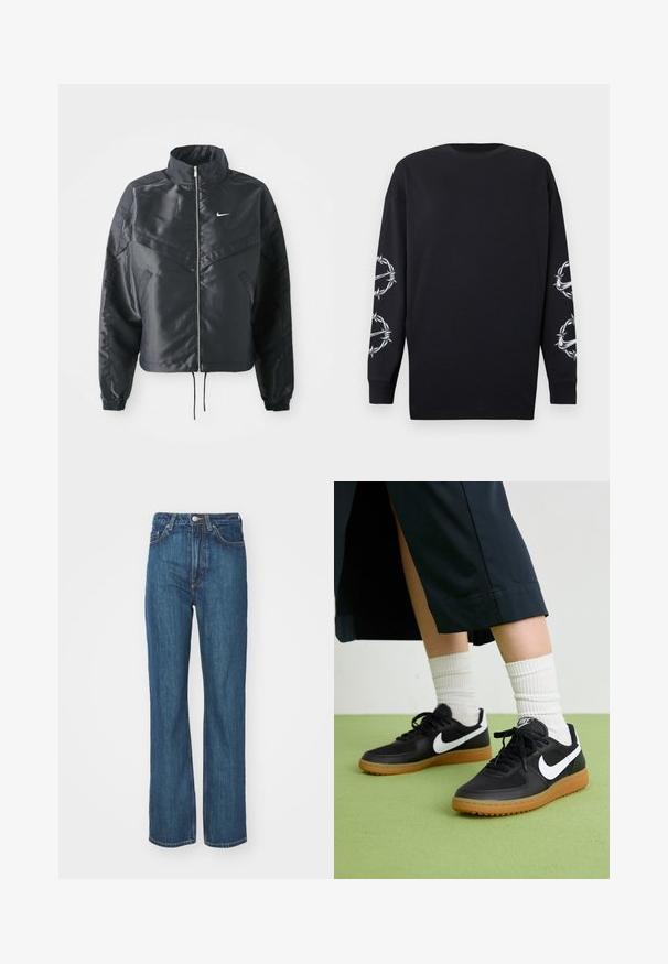 Crna kratka jakna s visokim ovratnikom, zatvaranjem na patentni zatvarač, elastinim rukavima i bijelim Nike logom. Glatka, sjajna tkanina s lagano teksturiranom površinom.; Crna majica dugih rukava s okruglim izrezom, koja na obje rukave sadrži bijele grafike od bodljikave žice i trnja.; Plave traperice s ravnim nogavicama, zatvaranjem na gumb i dizajnom s pet džepova. Tkanina ima glatku teksturu s suptilnim detaljima šivanja.; Crne kožne i sintetičke tenisice s bijelim Nike swooshom, gumeni potplat, okrugli vrh i crne vezice. Vidljive rebraste bijele čarape.