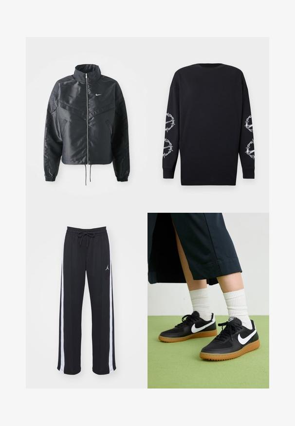 Černá zkrácená bunda s vysokým límcem, zipovým zapínáním, elastickými manžetami a bílým logem Nike. Hladká, lesklá látka s mírně strukturovaným povrchem.; Černá dlouhá rukávová košile s kulatým výstřihem, na obou rukávech zdobená grafikou bílého ostnatého drátu a trnů.; Černé sportovní kalhoty s uvolněným střihem, se bílými bočními pruhy a šňůrkou v pase. Obsahují malé logo na přední straně.; Černé kožené a syntetické tenisky s bílým logem Nike, gumovou podrážkou, kulatou špičkou a černými tkaničkami. Viditelné žebrované bílé ponožky.