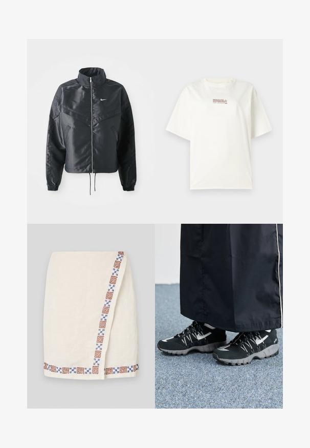 Juoda trumpa striukė su aukštu coloru, užtrauktuku, elastaniniu rankogaliu ir balta Nike logotipu. Lygus, blizgus audinys su šiek tiek tekstūruotu paviršiumi.; Balta sportinė marškinė su trumpomis rankovėmis, priekyje centre esantis mažas raudonas ir rudas logotipas. Pagaminta iš medvilnės.; Grietos spalvos šifono sijonas su tekstūruota medžiaga, turintis raštuotą kraštą rudais ir mėlynais geometriniais raštais iš vienos pusės.; Juodi sportiniai bateliai su tekstūruota viršutine dalimi, sidabriniais akcentais ir raštuotu padu, derinami su juoda ilga apranga. Fonas - mėlynas kilimas.