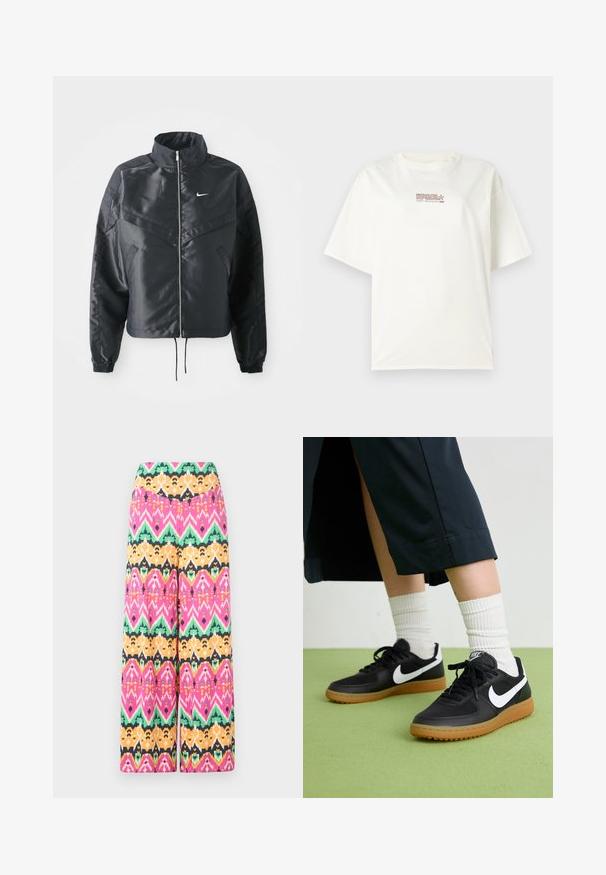 Sort cropped jakke med høj krave, lynlås lukning, elastiske manchetter og et hvidt Nike-logo. Glat, blankt stof med en let struktureret overflade.; Hvid crew neck t-shirt med korte ærmer, med en lille rød og brun logo tekst i midten foran. Lavet af bomuldsmateriale.; Mønstret bredbenet bukser i mange farver med geometriske mønstre i pink, grøn, orange og sort. Fremstillet af letvægtsstof med en glat finish.; Sorte læder- og syntetiske sneakers med hvid Nike swoosh, gummisål, rund tå og sorte snørebånd. Ribbede hvide sokker synlige.