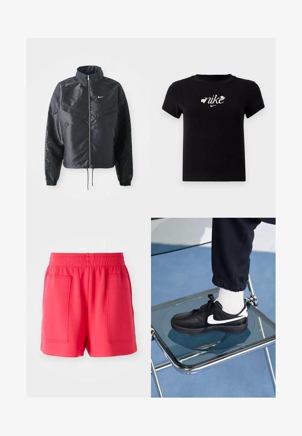 Černá zkrácená bunda s vysokým límcem, zipovým zapínáním, elastickými manžetami a bílým logem Nike. Hladká, lesklá látka s mírně strukturovaným povrchem.; Černé bavlněné tričko s kulatým výstřihem, krátkými rukávy a bílým logem "nike" zdobeným květinovými akcenty uprostřed.; Červené sportovní šortky vyrobené z lehké tkaniny, s elastickým pasem a dvěma velkými předními kapsami. Hladká textura, délka ke kolenům.; Černé tenisky Nike s bílými akcenty, s hladkou koženou texturou, šněrovacím designem a zaoblenou špičkou, umístěné na skleněné židli.
