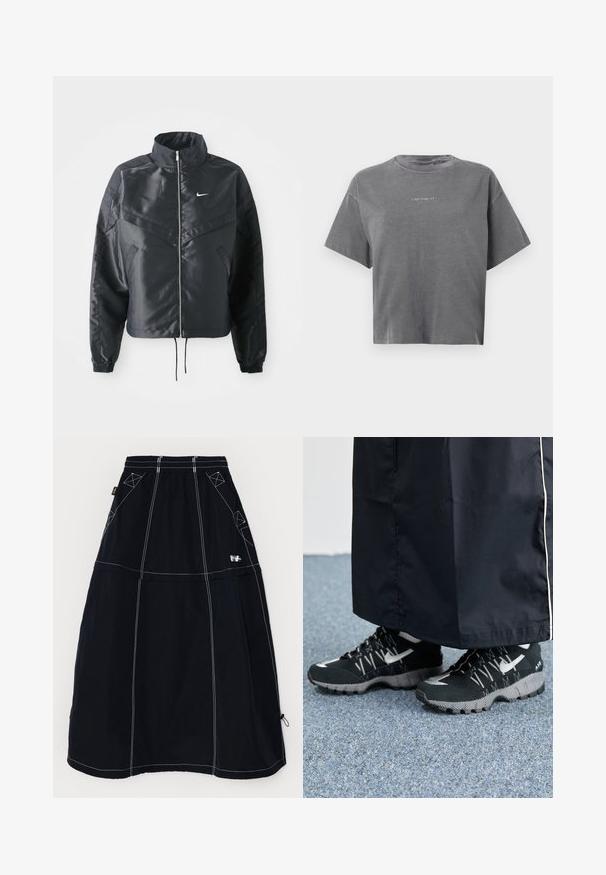 Black cropped jacket with high collar, zip closure, elastane cuffs, and a white Nike logo. Smooth, shiny fabric with a slightly textured surface.; Gray short-sleeve cropped T-shirt with crew neck and small centered white "carhartt" logo on front.; Timberland VENEDA CARTER 2-IN-1 SKIRT - Mini skirt - black; Black athletic shoes with a textured upper, silver accents, and a patterned outsole, paired with a black long garment. Set against blue carpet.
