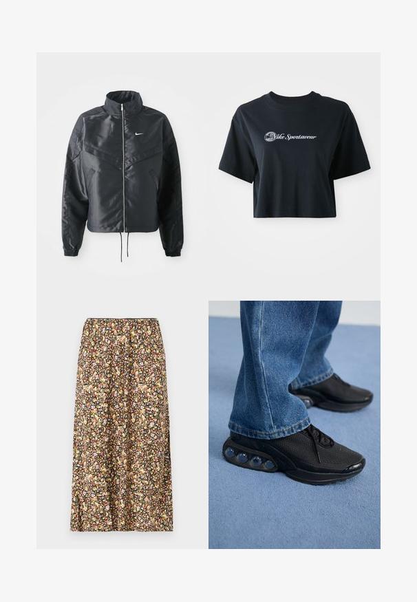 Juoda trumpa striukė su aukštu coloru, užtrauktuku, elastaniniu rankogaliu ir balta Nike logotipu. Lygus, blizgus audinys su šiek tiek tekstūruotu paviršiumi.; Trumpa juoda medvilnė t-shirt su trumpomis rankovėmis, su balta etikete "Vice Sportswear" ir apskritu grafiku priekyje.; Gėlių rašto sijonas juodu fonu, su įvairiomis mažomis gėlėmis rožinės, geltonos ir baltos spalvos. Elastinga juosmens juosta ir iki kelių ilgio.; Juodi sportiniai bateliai su tinkliniu viršumi, tekstūruotais akcentais ir matomais oro pagalvėmis pado viduje. Dėvimi su mėlynais džinsais.