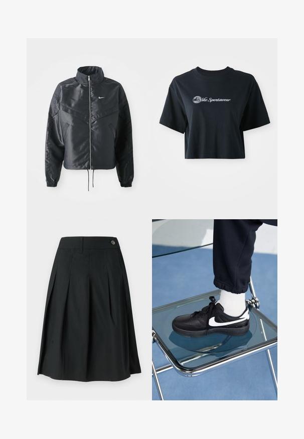Veste noire courte avec col haut, fermeture éclair, poignets en élasthanne et logo Nike blanc. Tissu lisse et brillant avec une surface légèrement texturée.; T-shirt noir en coton coupé avec des manches courtes, arborant un texte blanc "Vice Sportswear" et un graphique circulaire sur le devant.; Jupe plissée noire en tissu léger, dotée d'une fermeture à bouton, d'une texture lisse et d'une coupe en A.; Baskets Nike noires avec des accents blancs, présentant une texture en cuir lisse, un design à lacets et un bout rond, placées sur une chaise en verre.