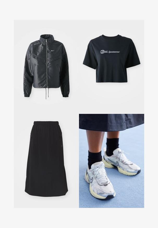 Fekete, rövidített dzseki magas gallérral, cipzáras záródással, elasztikus mandzsettákkal, és fehér Nike logóval. Simább, fényes anyag, enyhén textúrázott felülettel.; Rövid ujjú, cropped fekete pamut póló, fehér "Vice Sportswear" felirattal és kör alakú grafikával az elején.; Fekete, bokaig érő szoknya sima anyagból, rugalmas derékrésszel és két cipzáras oldalzsebbel. Minimalista design, minta nélkül.; Fehér és ezüst Nike sportcipők hálós anyagból, fényvisszaverő részletekkel és bézs talppal. Fekete zoknival viselve, egy kék felületen állva.