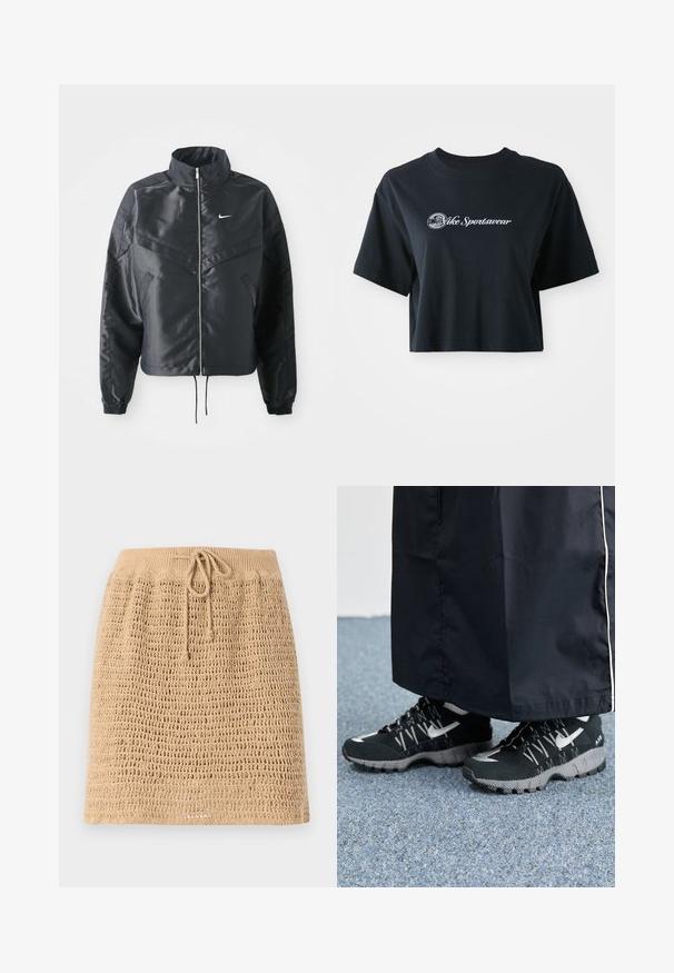 Veste noire courte avec col haut, fermeture éclair, poignets en élasthanne et logo Nike blanc. Tissu lisse et brillant avec une surface légèrement texturée.; T-shirt noir en coton coupé avec des manches courtes, arborant un texte blanc "Vice Sportswear" et un graphique circulaire sur le devant.; Jupe beige en tricot avec un design en tissage ouvert et texturé. Présente une taille à cordon pour un ajustement optimal. L'ourlet est droit.; Des chaussures de sport noires avec un dessus texturé, des accents argentés et une semelle extérieure à motifs, associées à un long vêtement noir. Présentées sur un tapis bleu.