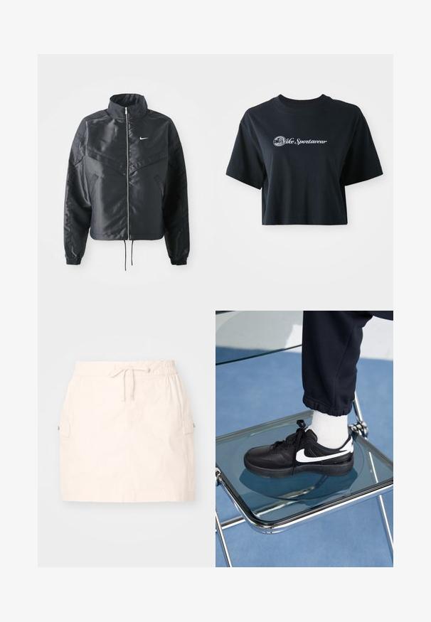 Zwarte cropped jack met hoge kraag, ritsluiting, elastische manchetten en een wit Nike-logo. Glad, glanzend materiaal met een licht gestructureerd oppervlak.; Korte zwarte katoenen t-shirt met korte mouwen, voorzien van witte tekst "Vice Sportswear" en een ronde afbeelding aan de voorkant.; Lichtbeige katoen rok met een elastische tailleband met trekkoorden, twee zijzakken en een rechte snit. Glad textuur.; Zwarte Nike sneakers met witte accenten, met een gladde leren textuur, vetersluiting en ronde neus, geplaatst op een glazen stoel.