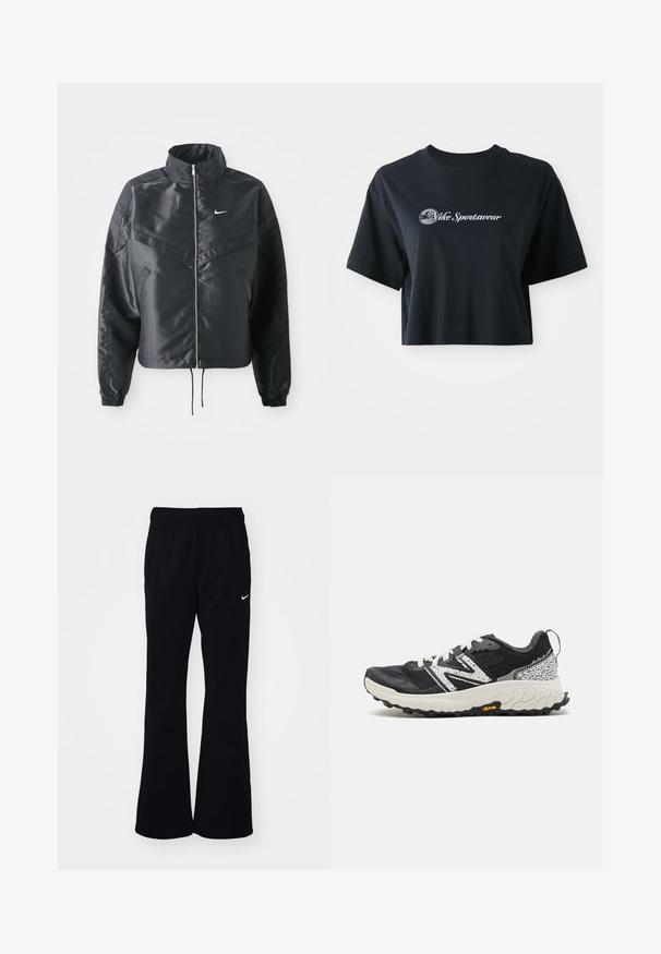 Black cropped jacket with high collar, zip closure, elastane cuffs, and a white Nike logo. Smooth, shiny fabric with a slightly textured surface.; Cropped black cotton t-shirt with short sleeves, featuring white text "Vice Sportswear" and a circular graphic on the front.; Black sweatpants with an elastic waistband, flared legs, two side pockets, and a white Nike logo on the left side.; New Balance FRESH FOAM X HIERRO V8 - Trail running shoes - blacktop