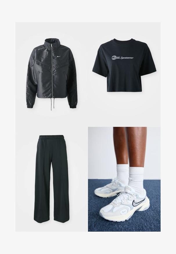 Crna kratka jakna s visokim ovratnikom, zatvaranjem na patentni zatvarač, elastinim rukavima i bijelim Nike logom. Glatka, sjajna tkanina s lagano teksturiranom površinom.; Skraćena crna pamučna majica s kratkim rukavima, s bijelim natpisom "Vice Sportswear" i kružnom grafikom sprijeda.; Crne široke atletske hlače s elastičnom trakom. Izrađene od glatkog, rastezljivog materijala, s diskretnim prednjim šavovima i bez džepova.; Nike Sportswear AL8 - Tenisice - white/metallic silver/black/sail/wolf grey/photon dust