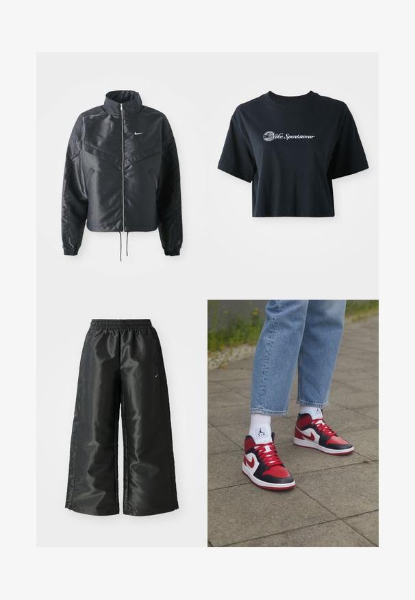 Svart cropped jakke med høy krage, glidelåsåpning, elastiske mansjetter og en hvit Nike-logo. Glatt, shiny stoff med en lett teksturert overflate.; Kuttet svart bomull t-skjorte med korte ermer, med hvit tekst "Vice Sportswear" og en sirkulær grafikk på fronten.; Svarte treningsbukser med en blank, glatt stoff, som har et elastisk liv, vide ben og en liten logo på venstre side.; Jordan AIR JORDAN 1 MID - Høye joggesko - black/gym red/white