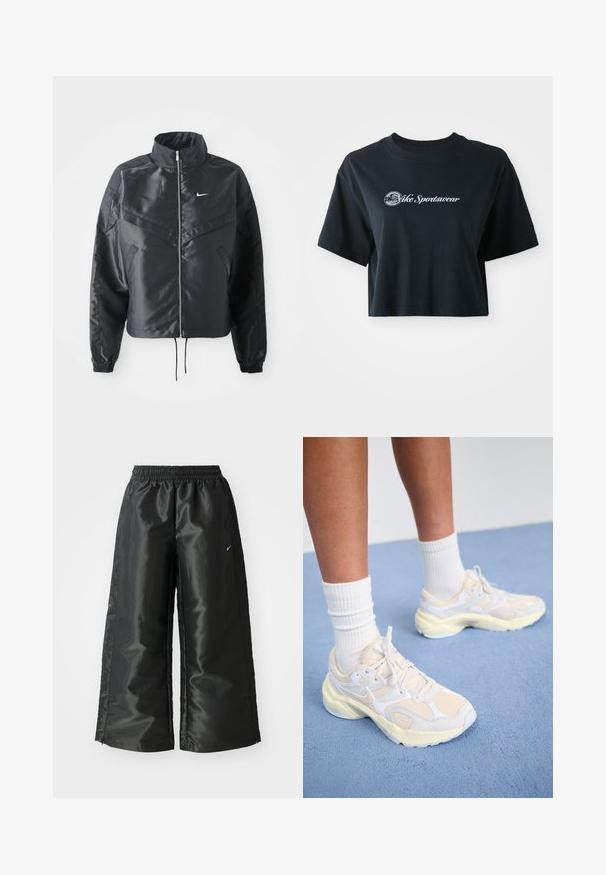 Černá zkrácená bunda s vysokým límcem, zipovým zapínáním, elastickými manžetami a bílým logem Nike. Hladká, lesklá látka s mírně strukturovaným povrchem.; Zkrácené černé bavlněné tričko s krátkými rukávy, na přední straně s bílým nápisem "Vice Sportswear" a kulatou grafikou.; Černé sportovní kalhoty z lesklé, hladké látky, s elastickým páskem, širokými nohavicemi a malým logem na levé straně.; Elegantní sportovní boty ve světle žluté a bílé barvě, vyrobené z jemné síťoviny a syntetických materiálů, s zaobleným tvarem a texturovanou podrážkou.