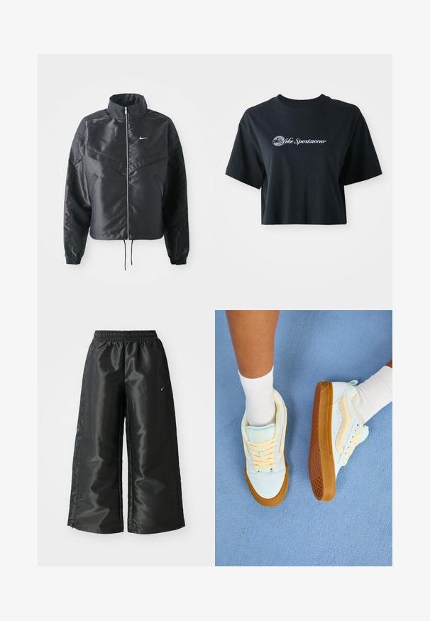 Juoda trumpa striukė su aukštu coloru, užtrauktuku, elastaniniu rankogaliu ir balta Nike logotipu. Lygus, blizgus audinys su šiek tiek tekstūruotu paviršiumi.; Trumpa juoda medvilnė t-shirt su trumpomis rankovėmis, su balta etikete "Vice Sportswear" ir apskritu grafiku priekyje.; Juodi sportiniai džinsai su blizgia, lygaus audinio medžiaga, turintys elastingą juosmenį, plačias kojų dalis ir mažą logotipą kairėje pusėje.; Šviesiai mėlyni sportbačiai su kreminiu akcentu, turintys raištelius, guminį pado ir tekstūruotą sukibimą. Dėvimi su baltais ilgaauliais kojinėmis ant mėlynos paviršiaus.