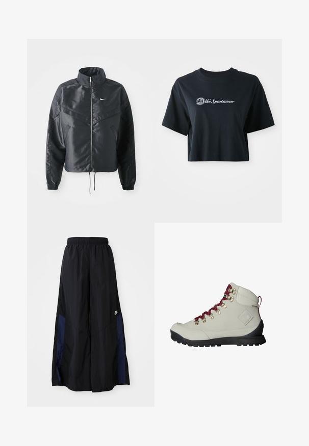 Casaco preto curto com colarinho alto, fecho de zip, punhos em elastano e um logótipo Nike branco. Tecido suave e brilhante com uma superfície ligeiramente texturizada.; T-shirt preta de algodão, cortada, com mangas curtas, apresentando o texto branco "Vice Sportswear" e um gráfico circular na parte da frente.; Calças largas pretas feitas de tecido leve, com um painel lateral azul-marinho e cintura elástica. Pequeno logótipo branco na parte inferior.; Bota de caminhada bege com cadarços vermelhos, ilhós de metal e uma superfície texturizada. Apresenta uma sola preta robusta e um detalhe de logotipo distinto na lateral.