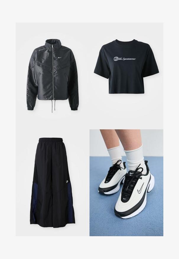 Casaco preto curto com colarinho alto, fecho de zip, punhos em elastano e um logótipo Nike branco. Tecido suave e brilhante com uma superfície ligeiramente texturizada.; T-shirt preta de algodão, cortada, com mangas curtas, apresentando o texto branco "Vice Sportswear" e um gráfico circular na parte da frente.; Calças largas pretas feitas de tecido leve, com um painel lateral azul-marinho e cintura elástica. Pequeno logótipo branco na parte inferior.; Sapatilhas Nike com um cabedal branco com detalhes pretos, sobreposições texturizadas e um design elegante. Os atacadores pretos e a marca visível completam o visual.