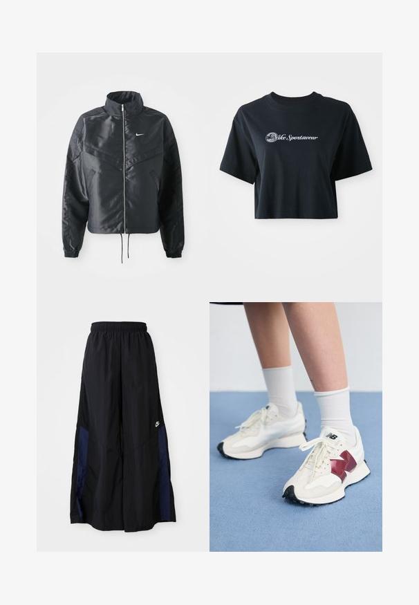 Mustat lyhyet takit, joissa on korkea kaulus, vetoketjukiinnitys, elastaanista valmistetut hihan suut ja valkoinen Nike-logo. Sileä, kiiltävä kangas, jossa on hieman tekstuuria.; Mustat puuvillaiset t-paidat, joissa on lyhyet hihat, etupuolella valkoiset tekstit "Vice Sportswear" ja ympyräkuvio.; Musta leveälahkeinen housu, joka on valmistettu kevyestä kankaasta. Housuissa on tummansininen sivupaneeli ja joustava vyötärö. Alhaalla on pieni valkoinen logo.; Pari valkoisia tennareita, joissa on maroon-väriset yksityiskohdat, teksturoituja paneleita, litteä musta pohja ja vaaleat nauhat, käytettyinä valkoisten nilkkasukkien kanssa.