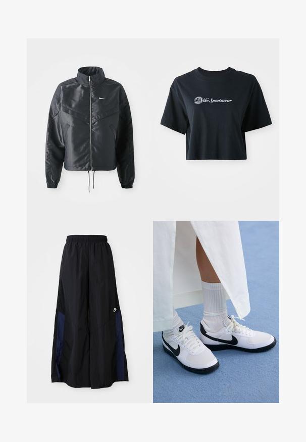 Veste noire courte avec col haut, fermeture éclair, poignets en élasthanne et logo Nike blanc. Tissu lisse et brillant avec une surface légèrement texturée.; T-shirt noir en coton coupé avec des manches courtes, arborant un texte blanc "Vice Sportswear" et un graphique circulaire sur le devant.; Pantalons larges noirs en tissu léger, avec un panneau latéral bleu marine et une taille élastique. Petit logo blanc en bas.; Baskets Nike blanches avec des accents noirs, présentant un dessus en cuir lisse, des lacets blancs et des semelles en caoutchouc robustes, associées à des chaussettes blanches à côtes.