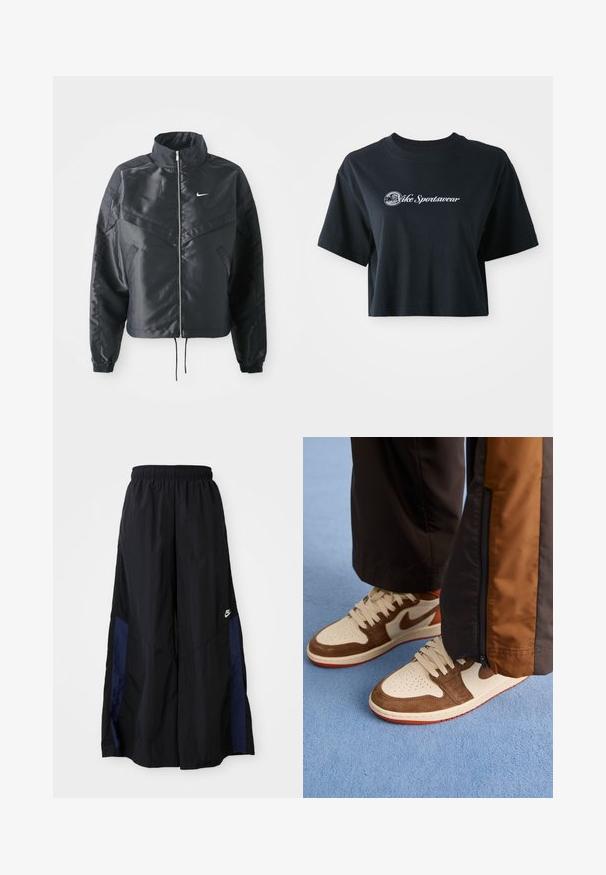 Chaqueta negra corta con cuello alto, cierre de cremallera, puños de elastano y un logo de Nike en blanco. Tejido suave y brillante con una superficie ligeramente texturizada.; Camiseta negra de algodón recortada con mangas cortas, que presenta el texto blanco "Vice Sportswear" y un gráfico circular en la parte delantera.; Pantalones de pierna ancha negros, confeccionados en una tela ligera, con un panel lateral azul marino y una cinturilla elástica. Logotipo blanco pequeño en la parte inferior.; Zapatillas Nike con una base de cuero blanco, superposiciones de ante marrón, cordones beige y una suela de goma roja; combinadas con pantalones de chándal marrones.