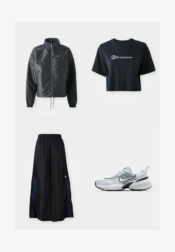 Black cropped jacket with high collar, zip closure, elastane cuffs, and a white Nike logo. Smooth, shiny fabric with a slightly textured surface.; Cropped black cotton t-shirt with short sleeves, featuring white text "Vice Sportswear" and a circular graphic on the front.; Black wide-leg pants made of lightweight fabric, featuring a navy blue side panel and an elastic waistband. Small white logo on bottom.; White athletic shoe with a mesh upper, black accents, textured design, thick white sole, and a pull tab at the heel for easy wear.