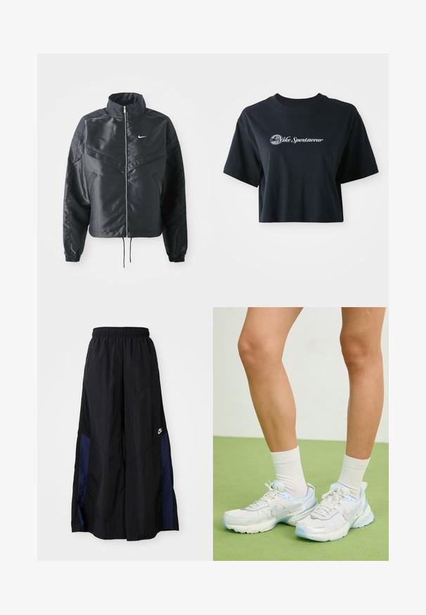 Mustat lyhyet takit, joissa on korkea kaulus, vetoketjukiinnitys, elastaanista valmistetut hihan suut ja valkoinen Nike-logo. Sileä, kiiltävä kangas, jossa on hieman tekstuuria.; Mustat puuvillaiset t-paidat, joissa on lyhyet hihat, etupuolella valkoiset tekstit "Vice Sportswear" ja ympyräkuvio.; Musta leveälahkeinen housu, joka on valmistettu kevyestä kankaasta. Housuissa on tummansininen sivupaneeli ja joustava vyötärö. Alhaalla on pieni valkoinen logo.; Valkoiset ja vaaleansiniset urheilukengät, joissa on verkko- ja synteettisiä materiaaleja, teksturoidut yksityiskohdat, pyöreä muoto ja pehmustettu pohja.