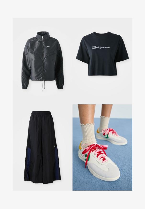 Mustat lyhyet takit, joissa on korkea kaulus, vetoketjukiinnitys, elastaanista valmistetut hihan suut ja valkoinen Nike-logo. Sileä, kiiltävä kangas, jossa on hieman tekstuuria.; Mustat puuvillaiset t-paidat, joissa on lyhyet hihat, etupuolella valkoiset tekstit "Vice Sportswear" ja ympyräkuvio.; Musta leveälahkeinen housu, joka on valmistettu kevyestä kankaasta. Housuissa on tummansininen sivupaneeli ja joustava vyötärö. Alhaalla on pieni valkoinen logo.; Valkoiset ja harmaat lenkkarit, joissa on punaiset ja vaaleanpunaiset nauhat, vihreät tähden koristelut ja keltainen kantapää. Yhdistetty ribatuille beigeille sukille. Sininen tausta.