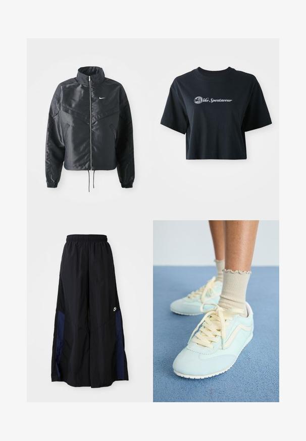 Casaco preto curto com colarinho alto, fecho de zip, punhos em elastano e um logótipo Nike branco. Tecido suave e brilhante com uma superfície ligeiramente texturizada.; T-shirt preta de algodão, cortada, com mangas curtas, apresentando o texto branco "Vice Sportswear" e um gráfico circular na parte da frente.; Calças largas pretas feitas de tecido leve, com um painel lateral azul-marinho e cintura elástica. Pequeno logótipo branco na parte inferior.; Sapatilhas de camurça azul claro com atacadores e detalhes em creme, apresentando uma superfície texturizada e uma sola de borracha branca. Meias bege franzidas visíveis.