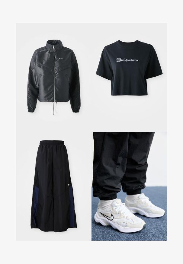 Jachetă croppată neagră cu guler înalt, închidere cu fermoar, manșete din elastan și un logo alb Nike. Material neted, lucios, cu o suprafață ușor texturată.; Tricou negru din bumbac, scurt, cu mâneci scurte, având text alb "Vice Sportswear" și un grafic circular pe față.; Pantaloni negri cu croi larg, confecționați dintr-un material ușor, având un panou lateral albastru marin și un brâu elastic. Logo mic alb în partea de jos.; Adidași atletici albaștri și gri deschis, cu un interior texturat, talpă groasă și logo-ul Swoosh negru. Purtați cu pantaloni jogger negri și șosete albe.