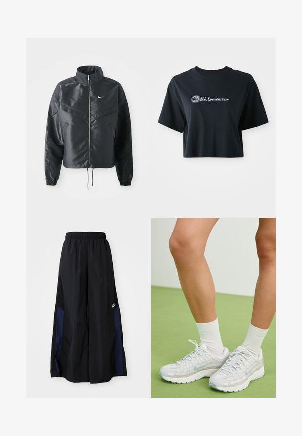 Black cropped jacket with high collar, zip closure, elastane cuffs, and a white Nike logo. Smooth, shiny fabric with a slightly textured surface.; Cropped black cotton t-shirt with short sleeves, featuring white text "Vice Sportswear" and a circular graphic on the front.; Black wide-leg pants made of lightweight fabric, featuring a navy blue side panel and an elastic waistband. Small white logo on bottom.; White Nike sneakers feature a textured mesh upper, reflective accents, and a cushioned sole. Paired with white socks, set against green flooring.