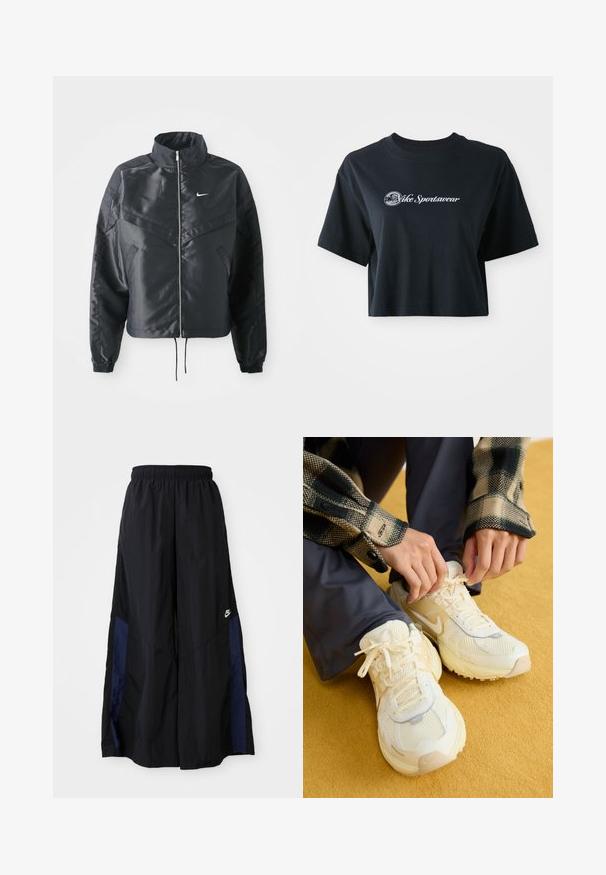 Casaco preto curto com colarinho alto, fecho de zip, punhos em elastano e um logótipo Nike branco. Tecido suave e brilhante com uma superfície ligeiramente texturizada.; T-shirt preta de algodão, cortada, com mangas curtas, apresentando o texto branco "Vice Sportswear" e um gráfico circular na parte da frente.; Calças largas pretas feitas de tecido leve, com um painel lateral azul-marinho e cintura elástica. Pequeno logótipo branco na parte inferior.; Nike Sportswear V2K RUN TRK3 - Sapatilhas - pale ivory/coconut milk/sanddrift/light smoke grey