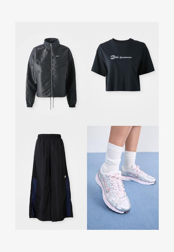Crna kratka jakna s visokim ovratnikom, zatvaranjem na patentni zatvarač, elastinim rukavima i bijelim Nike logom. Glatka, sjajna tkanina s lagano teksturiranom površinom.; Skraćena crna pamučna majica s kratkim rukavima, s bijelim natpisom "Vice Sportswear" i kružnom grafikom sprijeda.; Crne hlače širokih nogavica izrađene od lagane tkanine, sa tamnoplavim bočnim panelom i elastičnom stražnjom trakom. Mali bijeli logo je na dnu.; Nike trkaće tenisice s gornjim dijelom od srebrne mreže s ružičastim detaljima, bijelim vezicama i teksturiranom potplatom. Nosene s bijelim pamukom sportskim čarapama.