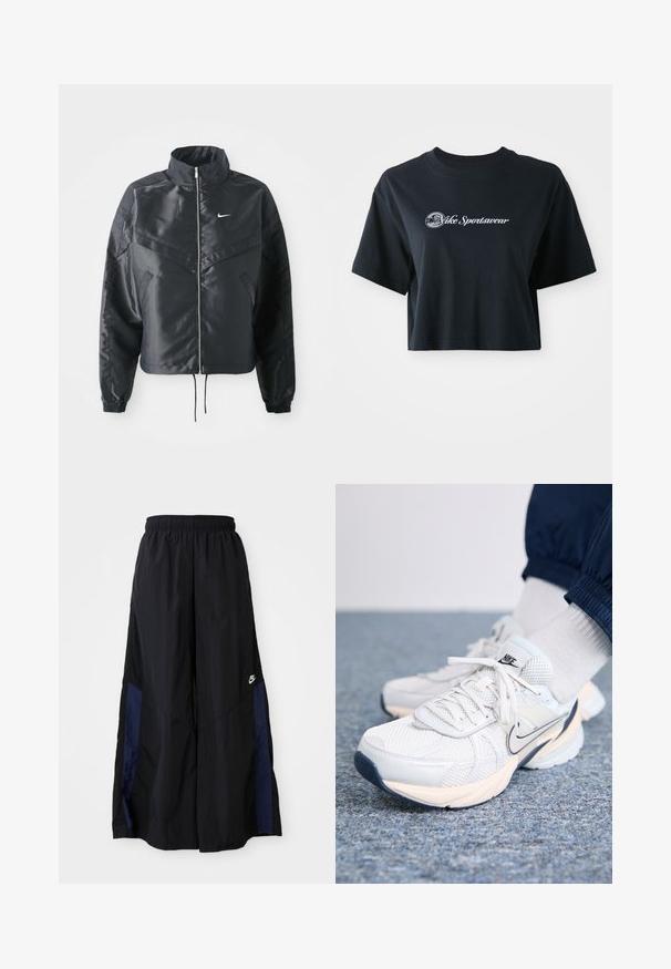 Casaco preto curto com colarinho alto, fecho de zip, punhos em elastano e um logótipo Nike branco. Tecido suave e brilhante com uma superfície ligeiramente texturizada.; T-shirt preta de algodão, cortada, com mangas curtas, apresentando o texto branco "Vice Sportswear" e um gráfico circular na parte da frente.; Calças largas pretas feitas de tecido leve, com um painel lateral azul-marinho e cintura elástica. Pequeno logótipo branco na parte inferior.; Ténis de athletic da Nike com um upper em malha em branco e azul claro, apresentando uma sola espessa, fecho de atacadores e um detalhe em swoosh azul marinho.