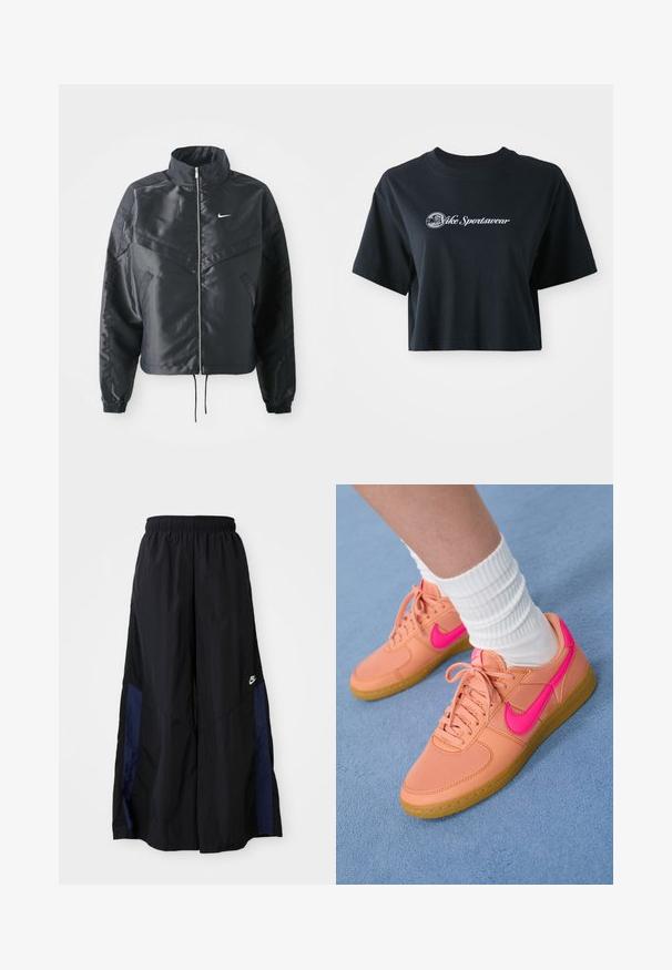 Black cropped jacket with high collar, zip closure, elastane cuffs, and a white Nike logo. Smooth, shiny fabric with a slightly textured surface.; Cropped black cotton t-shirt with short sleeves, featuring white text "Vice Sportswear" and a circular graphic on the front.; Black wide-leg pants made of lightweight fabric, featuring a navy blue side panel and an elastic waistband. Small white logo on bottom.; Pink and orange sneaker with leather and fabric upper, round toe, rubber sole, and pink Nike swoosh, displayed on a blue surface.