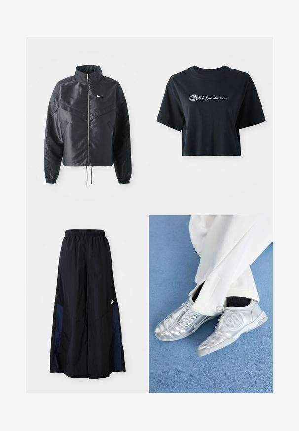 Czarna krótka kurtka z wysokim kołnierzem, zamek błyskawiczny, ściągacze z elastanu i białe logo Nike. Gładki, błyszczący materiał o lekko teksturowanej powierzchni.; Przycięta czarna koszulka bawełniana z krótkim rękawem, z białym napisem "Vice Sportswear" oraz okrągłą grafiką z przodu.; Czarne spodnie szerokie wykonane z lekkiego materiału, z granatowym bocznym panelem i elastycznym paskiem w talii. Małe białe logo na dole.; Srebrne buty sportowe o gładkim, błyszczącym wykończeniu, z wyszywanym wzorem i numerem 90 po boku, zestawione z białymi spodniami.