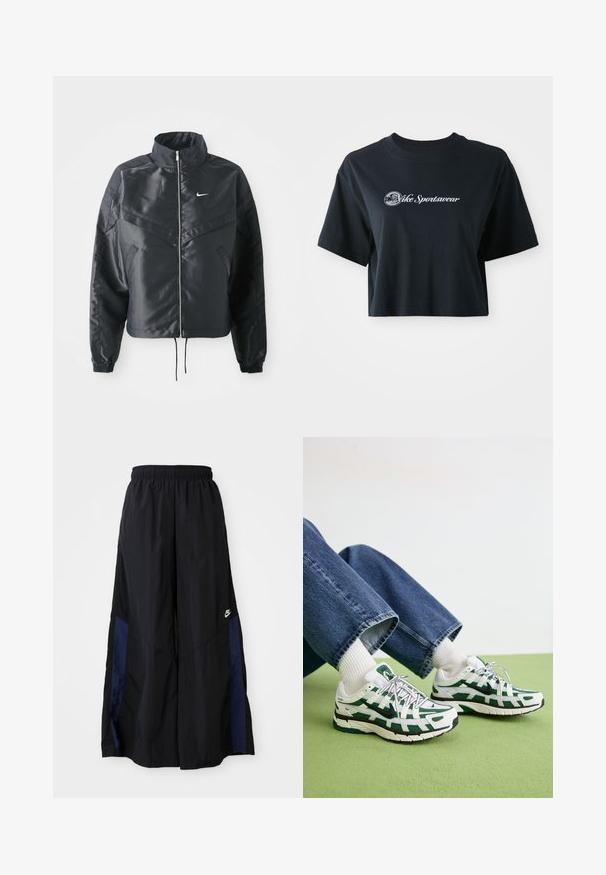 Casaco preto curto com colarinho alto, fecho de zip, punhos em elastano e um logótipo Nike branco. Tecido suave e brilhante com uma superfície ligeiramente texturizada.; T-shirt preta de algodão, cortada, com mangas curtas, apresentando o texto branco "Vice Sportswear" e um gráfico circular na parte da frente.; Calças largas pretas feitas de tecido leve, com um painel lateral azul-marinho e cintura elástica. Pequeno logótipo branco na parte inferior.; Ténis atléticos brancos e verdes com um cabedal texturizado, apresentando um design em malha e uma sola preta, usados com jeans azuis e meias brancas.
