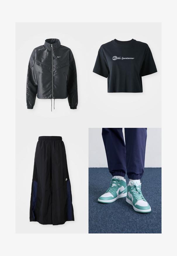Black cropped jacket with high collar, zip closure, elastane cuffs, and a white Nike logo. Smooth, shiny fabric with a slightly textured surface.; Cropped black cotton t-shirt with short sleeves, featuring white text "Vice Sportswear" and a circular graphic on the front.; Black wide-leg pants made of lightweight fabric, featuring a navy blue side panel and an elastic waistband. Small white logo on bottom.; High-top sneakers featuring a white base with teal accents, textured leather, and a perforated toe. Laces and padded collar included.