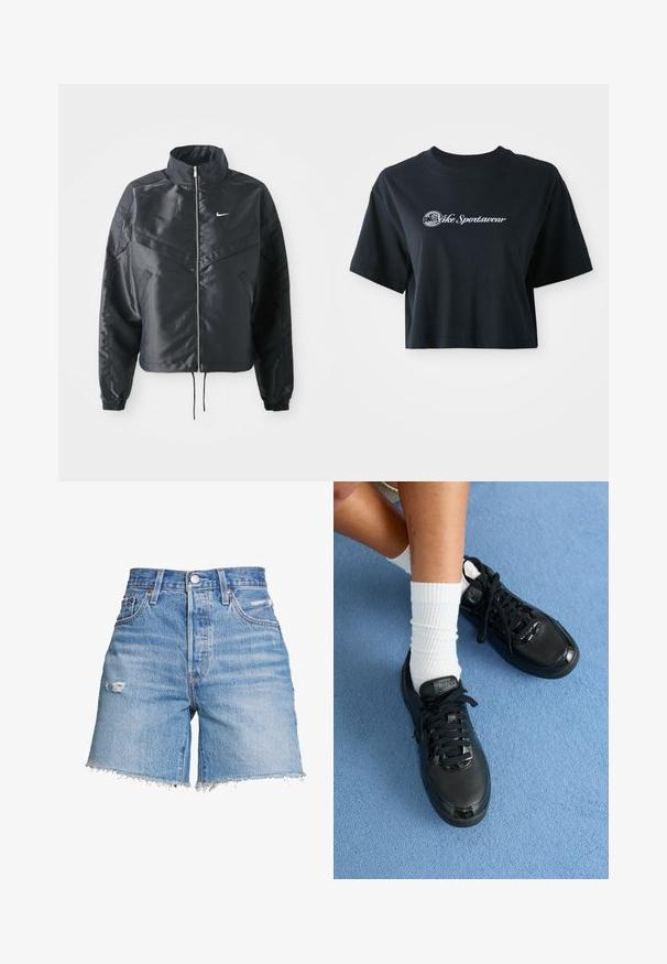 Chaqueta negra corta con cuello alto, cierre de cremallera, puños de elastano y un logo de Nike en blanco. Tejido suave y brillante con una superficie ligeramente texturizada.; Camiseta negra de algodón recortada con mangas cortas, que presenta el texto blanco "Vice Sportswear" y un gráfico circular en la parte delantera.; Levi's® 501® MID THIGH - Shorts vaqueros - denim; Las zapatillas negras de Nike presentan un exterior texturizado, acentos brillantes y cordones redondos. Están acompañadas de calcetines blancos de canalé sobre una superficie azul claro.