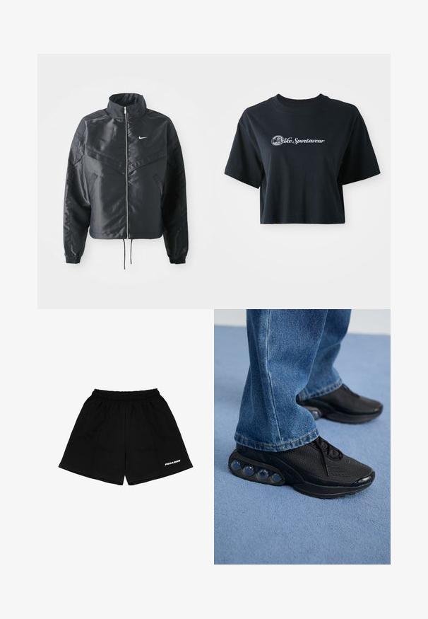 Svart cropped jakke med høy krage, glidelåsåpning, elastiske mansjetter og en hvit Nike-logo. Glatt, shiny stoff med en lett teksturert overflate.; Kuttet svart bomull t-skjorte med korte ermer, med hvit tekst "Vice Sportswear" og en sirkulær grafikk på fronten.; Svarte shorts laget av bomull, med elastisk midje, sidelommer og hvit "PEGADOR" logo trykket foran.; Svart treningssko med mesh-overdel, teksturerte detaljer og synlige luftputepoder i sålen. Bærer med blå denimjeans.