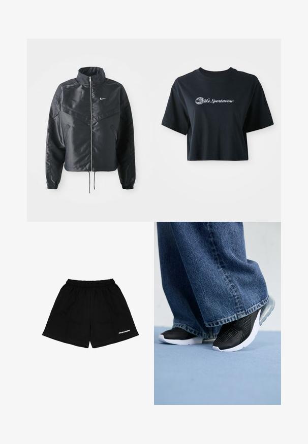 Čierna skrátená bunda s vysokým golierom, zipsovým uzatváraním, elastickými manžetami a bielym logom Nike. Hladká, lesklá tkanina s mierne textúrovaným povrchom.; Zastrihnuté čierne bavlnené tričko s krátkymi rukávmi, so bielym textom "Vice Sportswear" a kruhovou grafikou na prednej strane.; Čierne šortky vyrobené z bavlny, s elastickým pásom, bočnými vreckami a bielou potlačou loga "PEGADOR" na prednej strane.; Čierne športové topánky s priehľadnou štruktúrou, bielou podrážkou a viditeľným vzduchovým odpružením, spárované s modrými džínsami s širokými nohavicami.