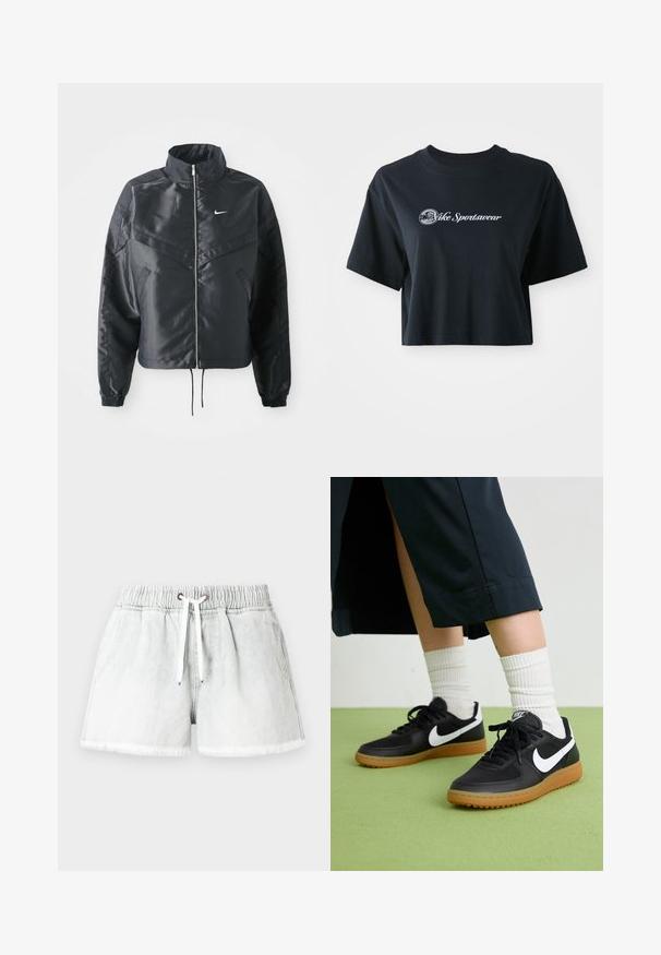 Sort cropped jakke med høj krave, lynlås lukning, elastiske manchetter og et hvidt Nike-logo. Glat, blankt stof med en let struktureret overflade.; Afskåret sort bomulds T-shirt med korte ærmer, der har hvid tekst "Vice Sportswear" og et cirkulært grafisk motiv på forsiden.; Lysegrå denimshorts med elastisk talje, snøre til lukning og frynset kant. Har to sidelommer og en afslappet pasform.; Sorte læder- og syntetiske sneakers med hvid Nike swoosh, gummisål, rund tå og sorte snørebånd. Ribbede hvide sokker synlige.
