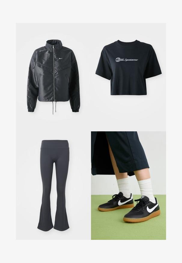 Čierna skrátená bunda s vysokým golierom, zipsovým uzatváraním, elastickými manžetami a bielym logom Nike. Hladká, lesklá tkanina s mierne textúrovaným povrchom.; Zastrihnuté čierne bavlnené tričko s krátkymi rukávmi, so bielym textom "Vice Sportswear" a kruhovou grafikou na prednej strane.; Čierne legíny s rozšíreným dolným okrajom, s hladkým matným povrchom a vysokým pásom, navrhnuté pre pohodlie a pohyblivosť.; Čierne kožené a syntetické tenisky so bielym logom Nike, gumenou podrážkou, okrúhlou špičkou a čiernymi šnúrkami. Viditeľné biele pruhované ponožky.